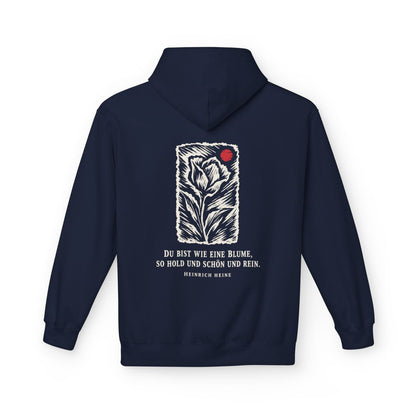 Unisex Fleece Hoodie mit Zitat - Heine - Du bist wie eine Blume Holzschnitt – back