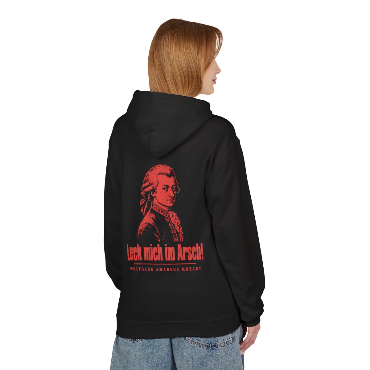 Unisex Fleece Hoodie mit Zitat - Mozart - Leck mich im Arsch Vintage – person-1-back