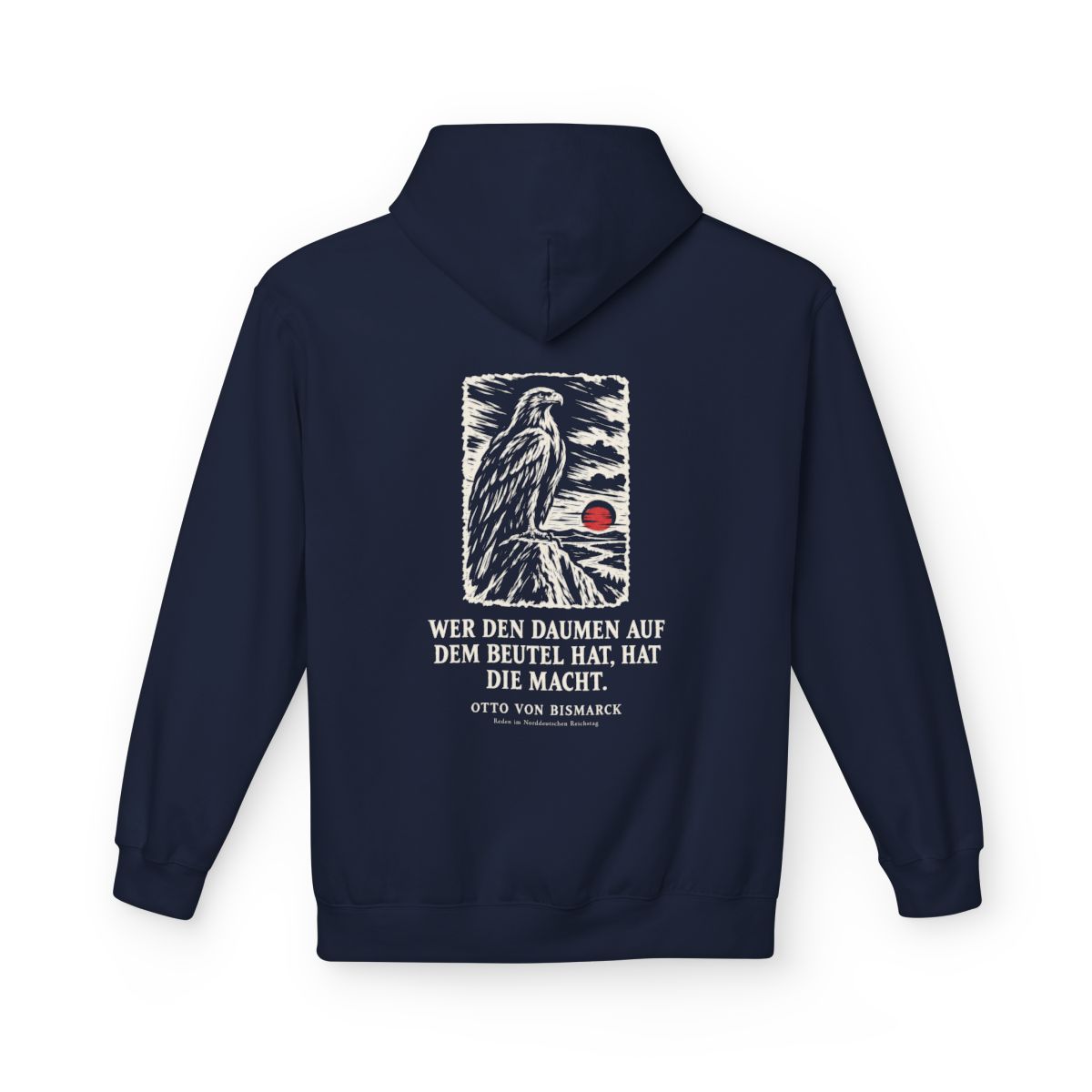 Unisex Fleece Hoodie mit Zitat - Bismarck - Wer den Daumen Holzschnitt – back