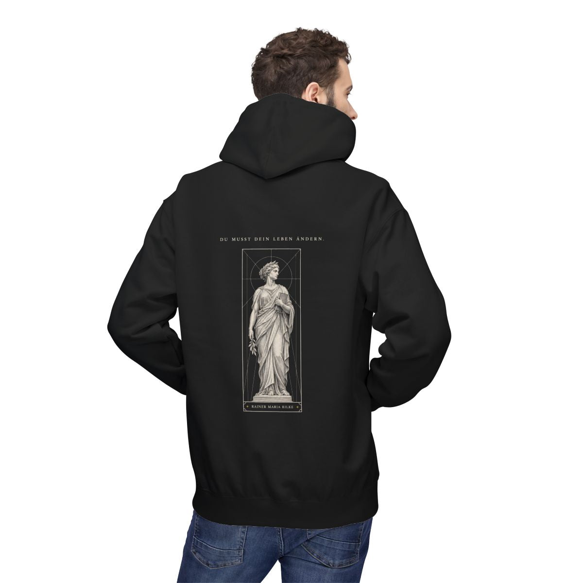 Unisex Fleece Hoodie mit Zitat - Rilke - Du musst dein Leben ändern – person-2-back