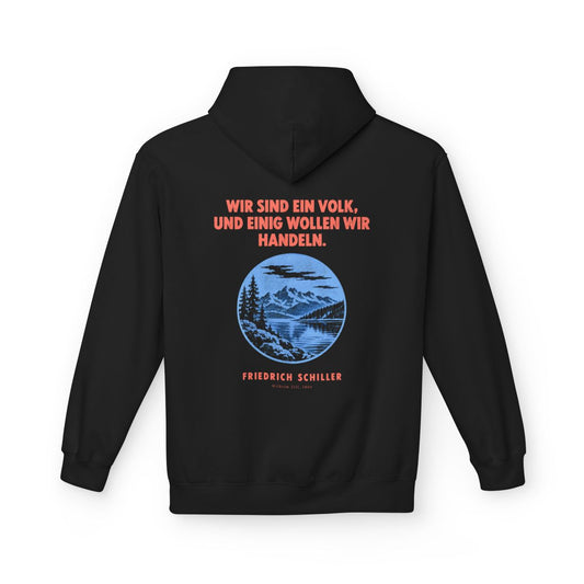 Unisex Fleece Hoodie mit Zitat - Schiller - Wir sind ein Volk Plakat – back