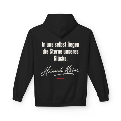 Unisex Fleece Hoodie mit Zitat - Heine - In uns selbst liegen Signatur – back