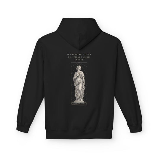 Unisex Fleece Hoodie mit Zitat - Heine - In uns selbst liegen – back