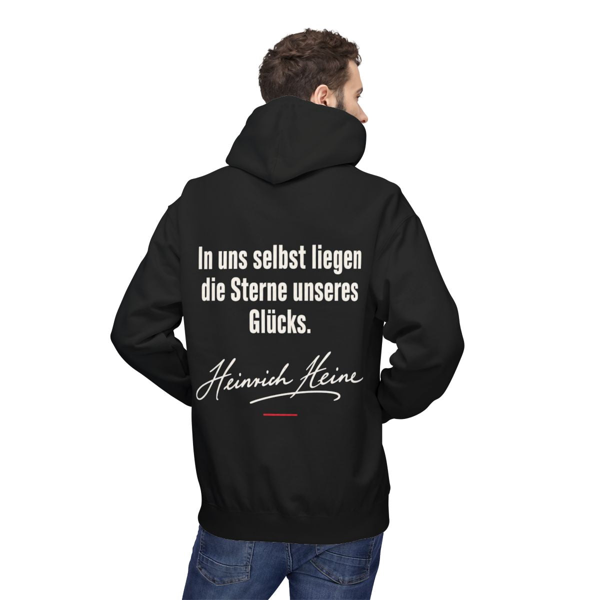 Unisex Fleece Hoodie mit Zitat - Heine - In uns selbst liegen Signatur – person-2-back