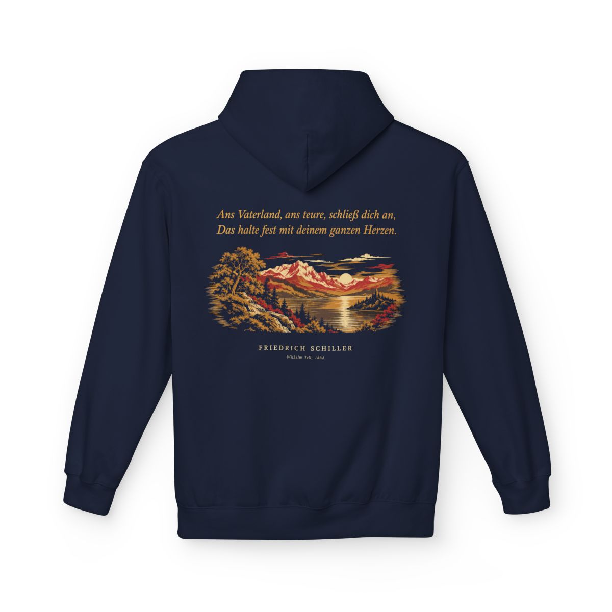 Unisex Fleece Hoodie mit Zitat - Schiller - Ans Vaterland, ans teure, schließ dich an Nachtstück – back