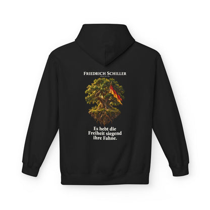 Unisex Fleece Hoodie mit Zitat - Schiller - Es hebt die Freiheit siegend ihre Fahne – back