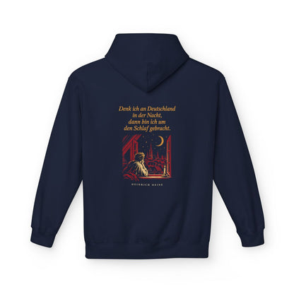 Unisex Fleece Hoodie mit Zitat - Heine - Denk ich an Deutschland Nachtfenster – back