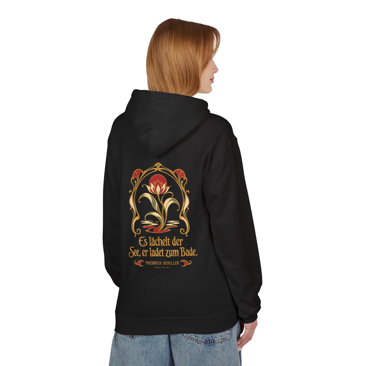 Unisex Fleece Hoodie mit Zitat - Schiller - Es lächelt der See Jugendstil – person-1-back