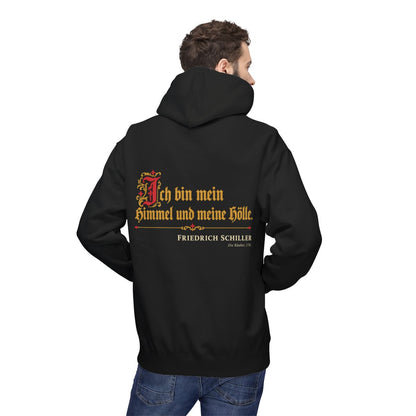 Unisex Fleece Hoodie mit Zitat - Schiller - Ich bin mein Himmel und meine Hölle – person-2-back
