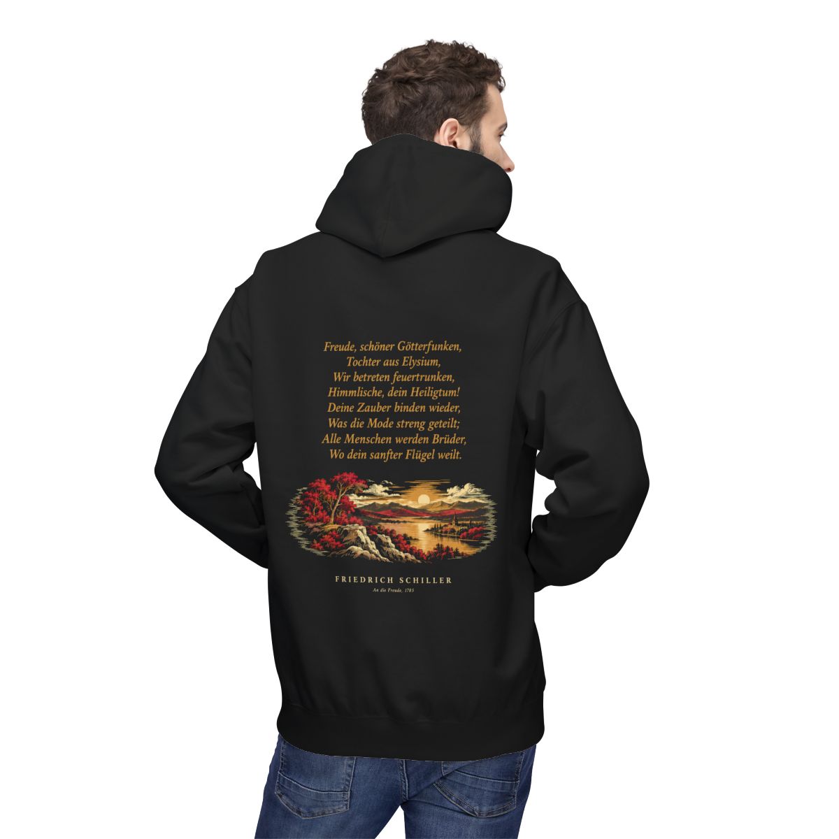 Unisex Fleece Hoodie mit Zitat - Schiller - Freude, schöner Götterfunken – person-2-back