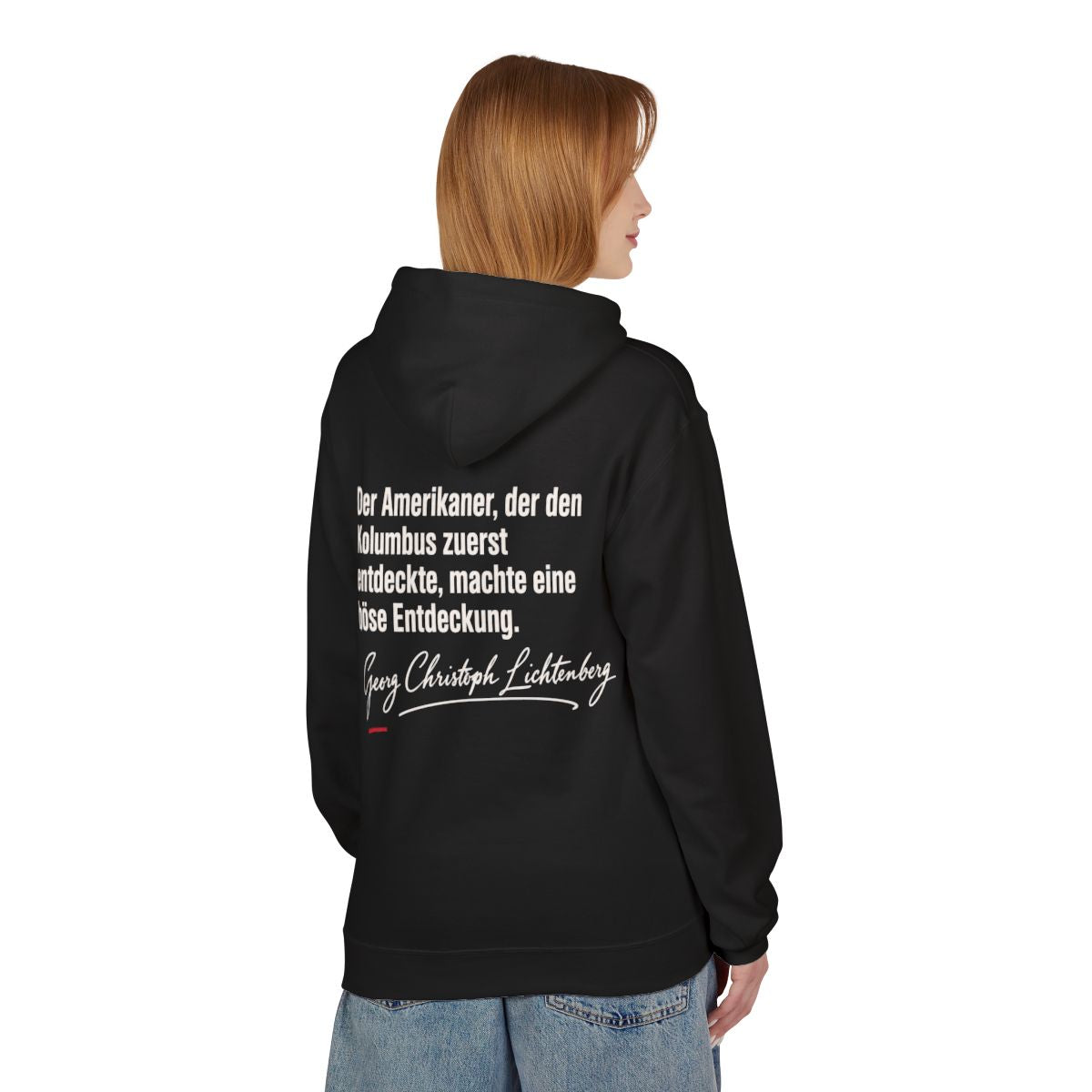 Unisex Fleece Hoodie mit Zitat - Lichtenberg - Der Amerikaner Signatur – person-1-back