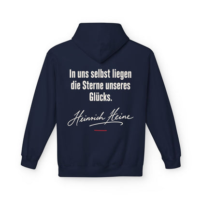 Unisex Fleece Hoodie mit Zitat - Heine - In uns selbst liegen Signatur – back