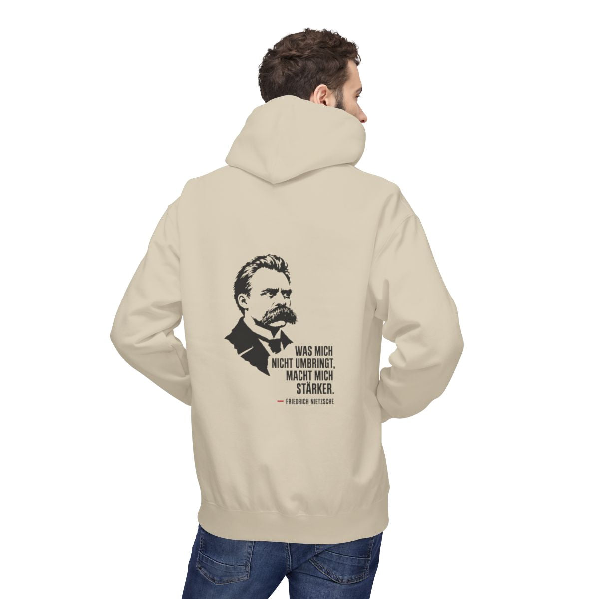 Unisex Fleece Hoodie mit Zitat - Friedrich Nietzsche - Was mich nicht umbringt – person-2-back