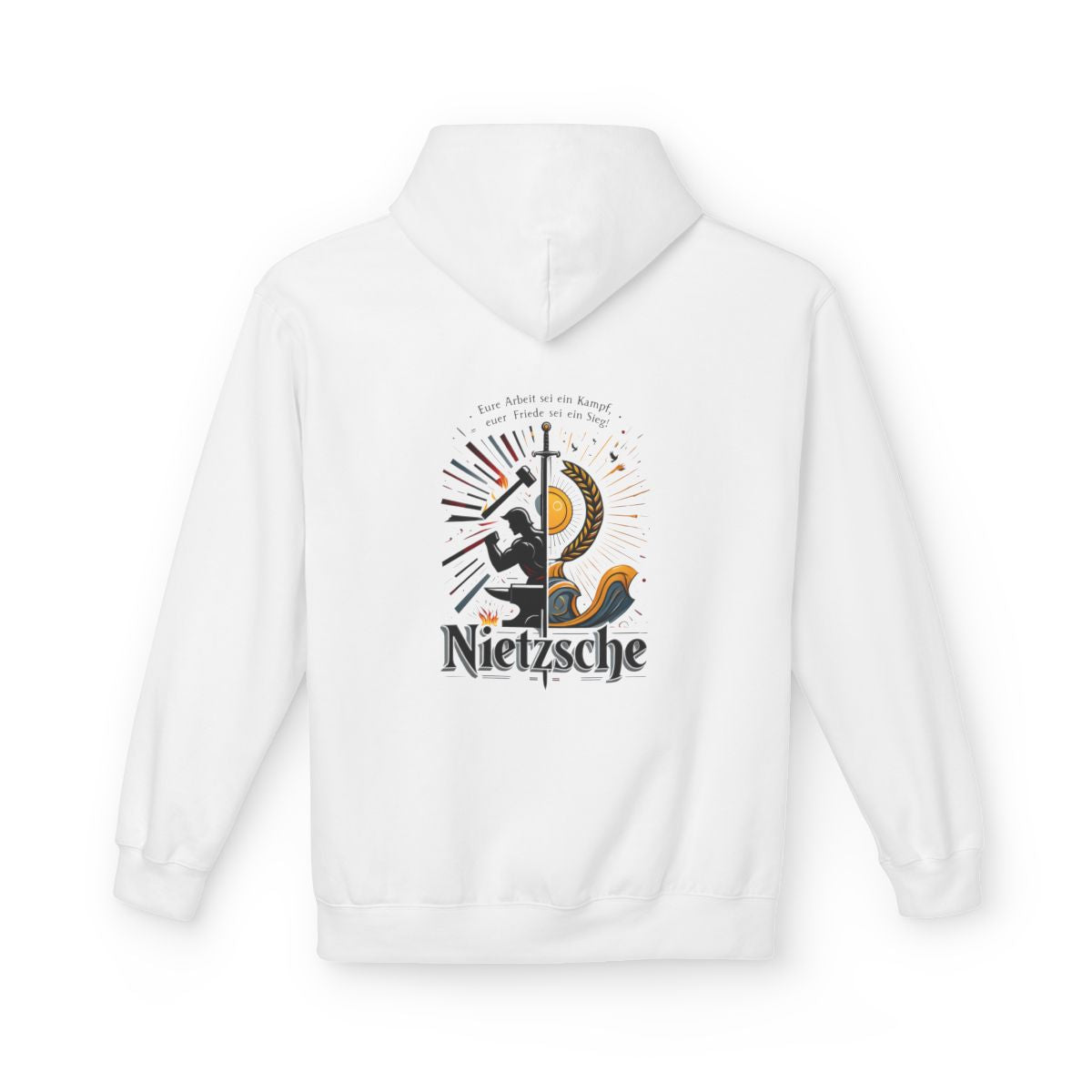 Unisex Fleece Hoodie mit Zitat - Nietzsche - Arbeit sei ein Kampf – back