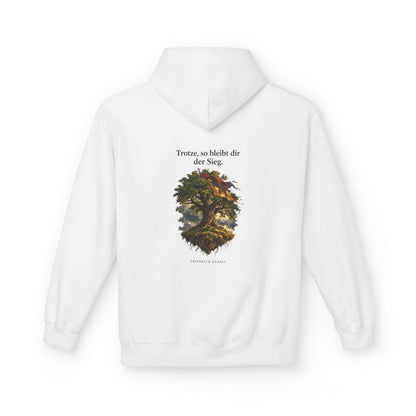 Unisex Fleece Hoodie mit Zitat - Hebbel - Trotze so bleibt dir der Sieg – back