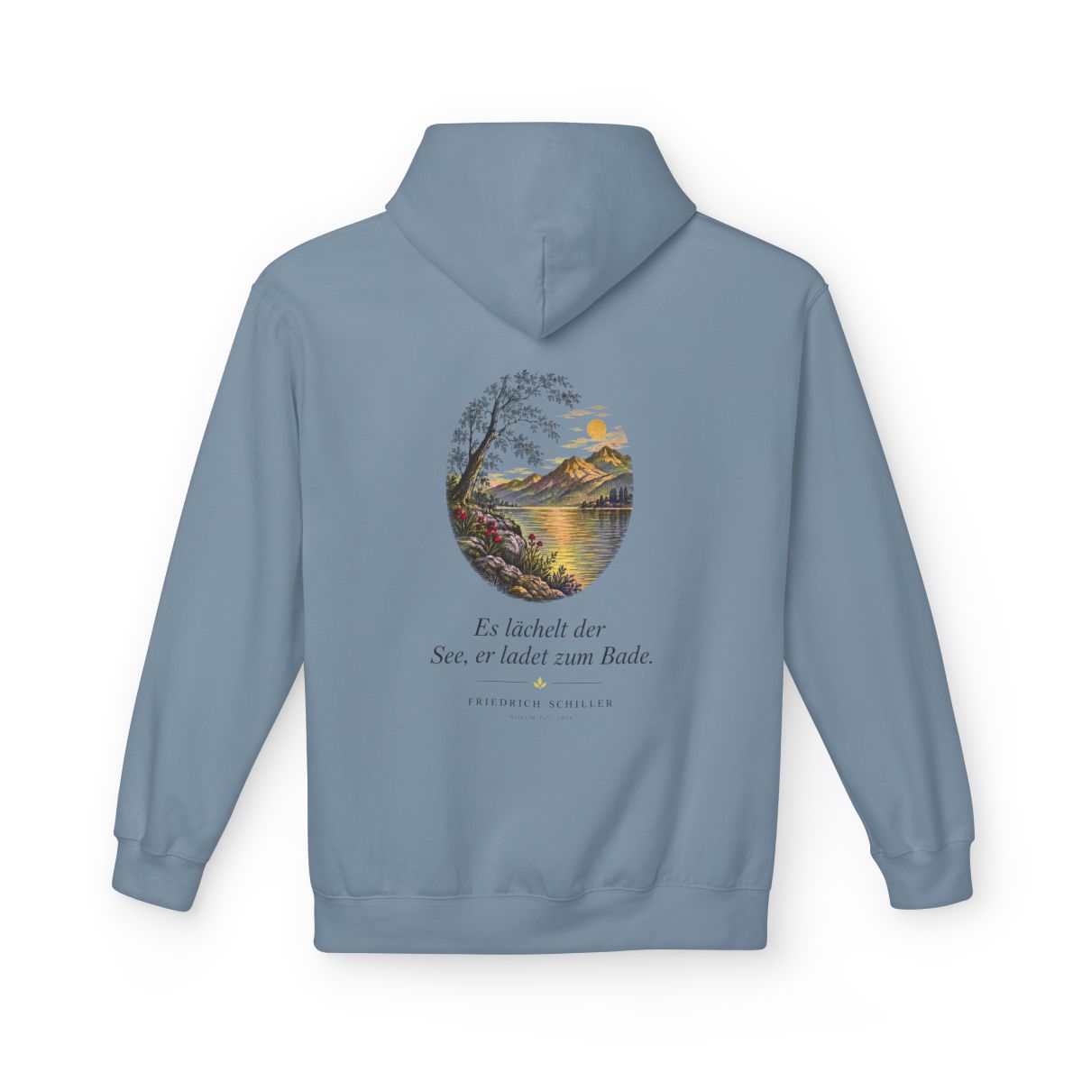 Unisex Fleece Hoodie mit Zitat - Schiller - Es lächelt der See – back