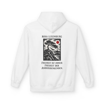 Unisex Fleece Hoodie mit Zitat - Luxemburg - Freiheit ist immer Freiheit der Andersdenkenden Holzschnitt – back