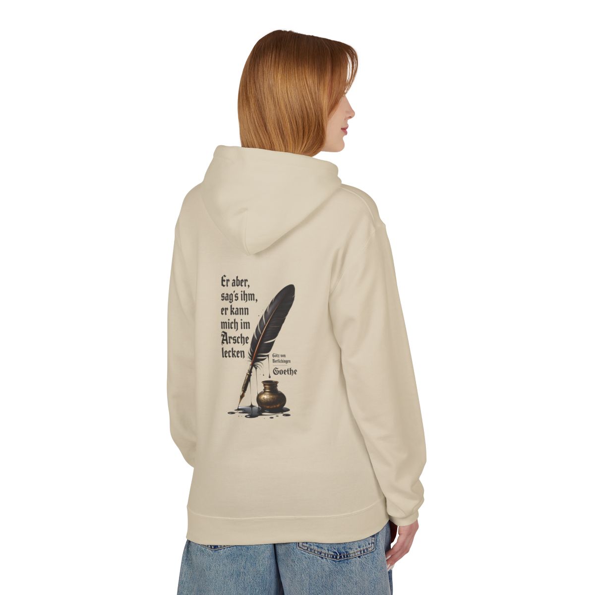 Unisex Fleece Hoodie mit Zitat - Goethe - Er kann mich im Arsche lecken – person-1-back