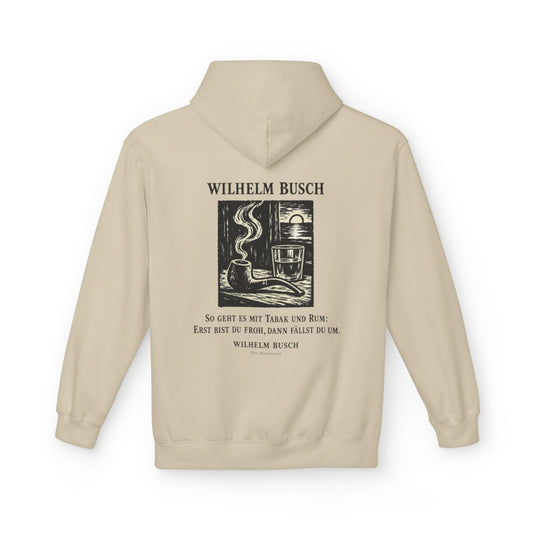 Unisex Fleece Hoodie mit Zitat - Busch - So geht es mit Tabak und Rum Holzschnitt – back