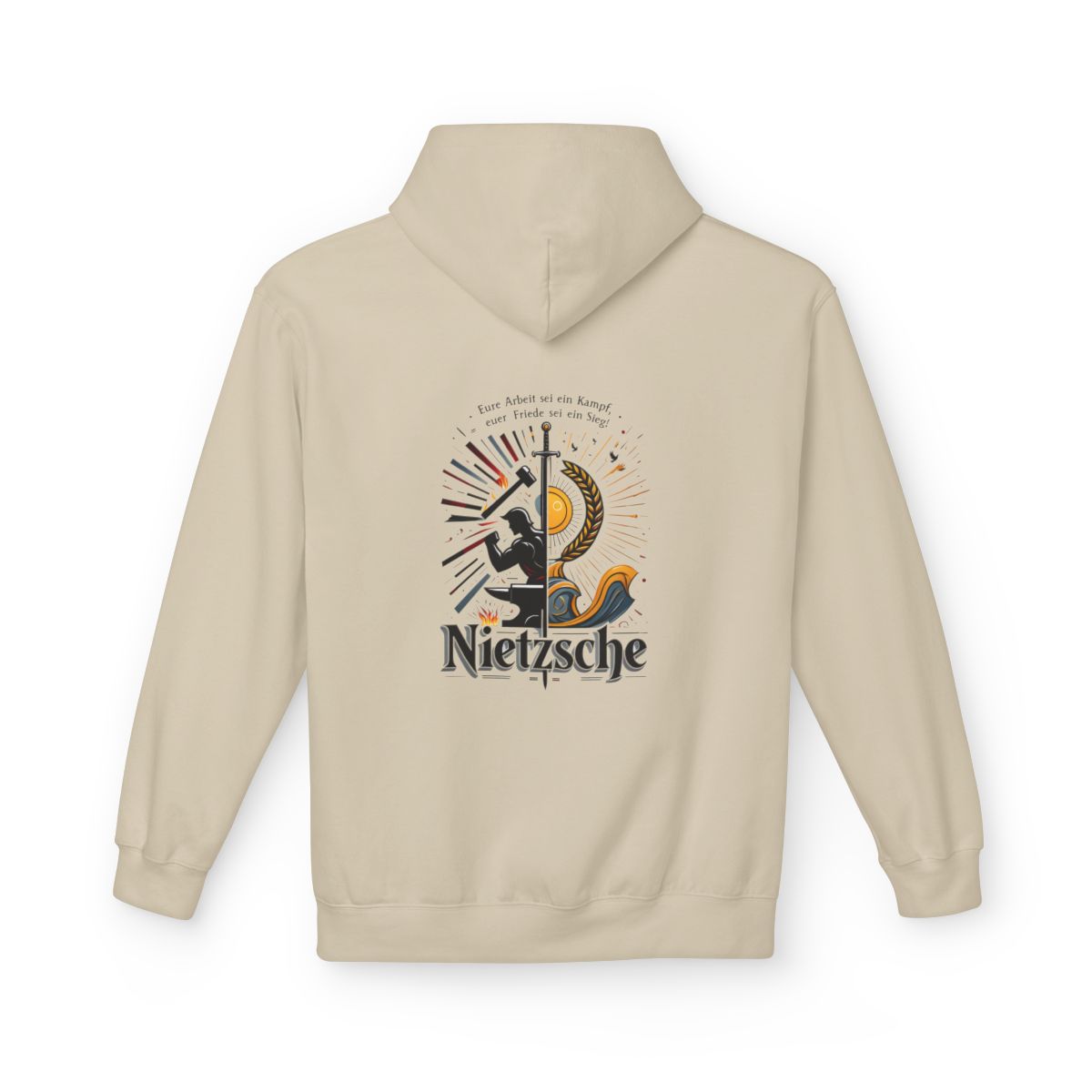 Unisex Fleece Hoodie mit Zitat - Nietzsche - Arbeit sei ein Kampf – back