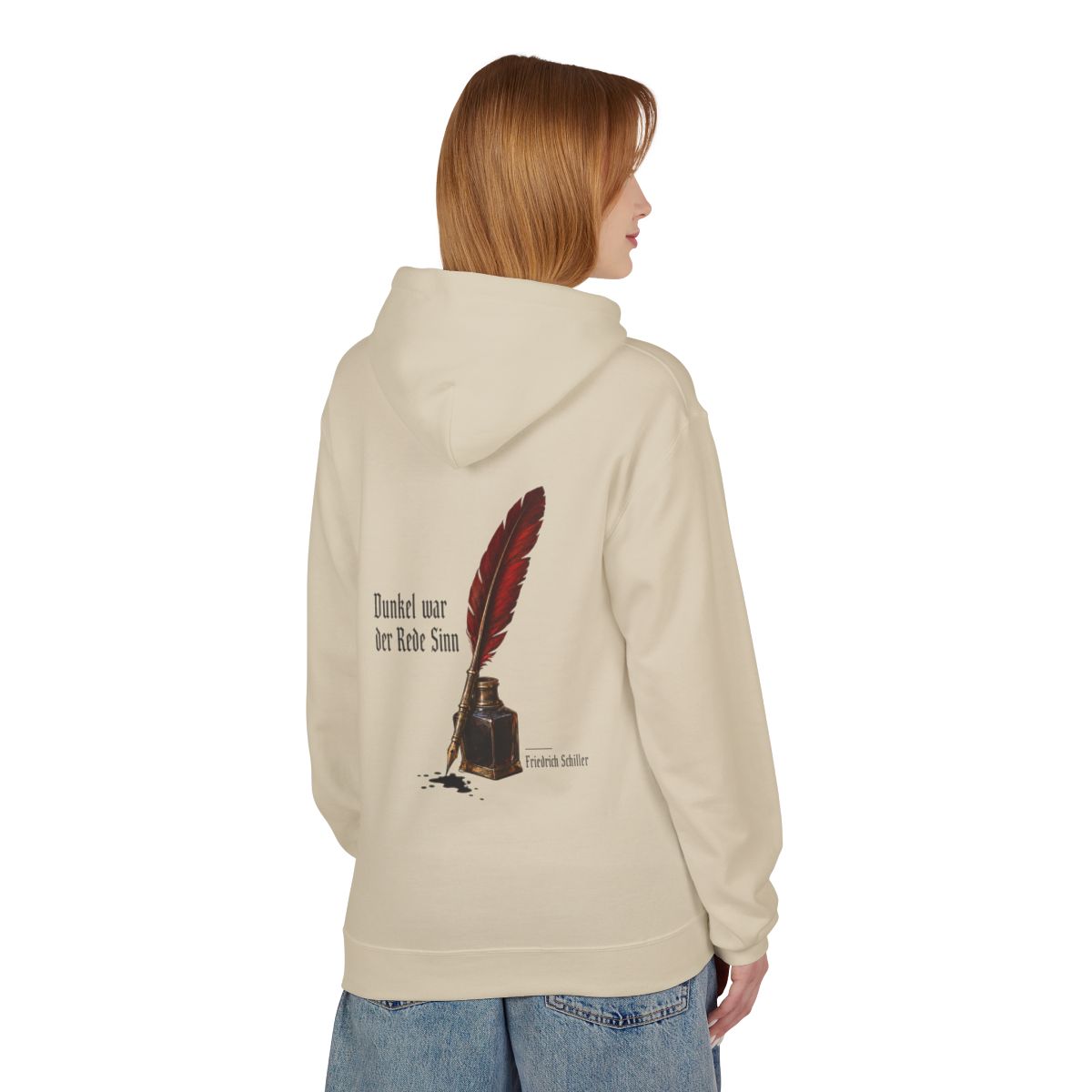 Unisex Fleece Hoodie mit Zitat - Schiller - Dunkel war der Rede Sinn Stillleben – person-1-back