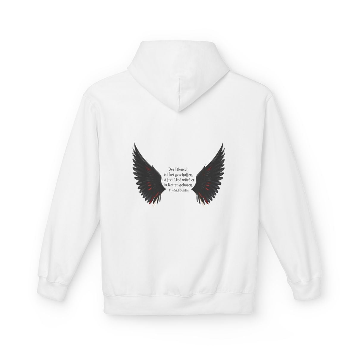 Unisex Fleece Hoodie mit Zitat - Schiller - Der Mensch ist frei – back