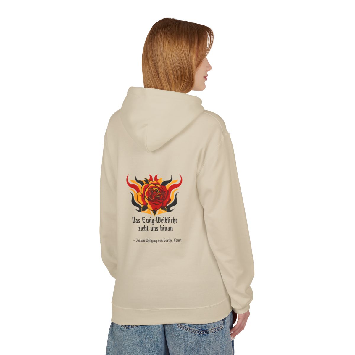 Unisex Fleece Hoodie mit Zitat - Goethe - Das Ewig-Weibliche – person-1-back
