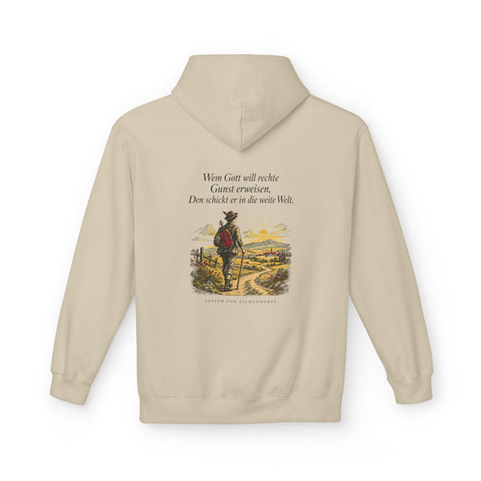 Unisex Fleece Hoodie mit Zitat - Eichendorff - In die weite Welt – back