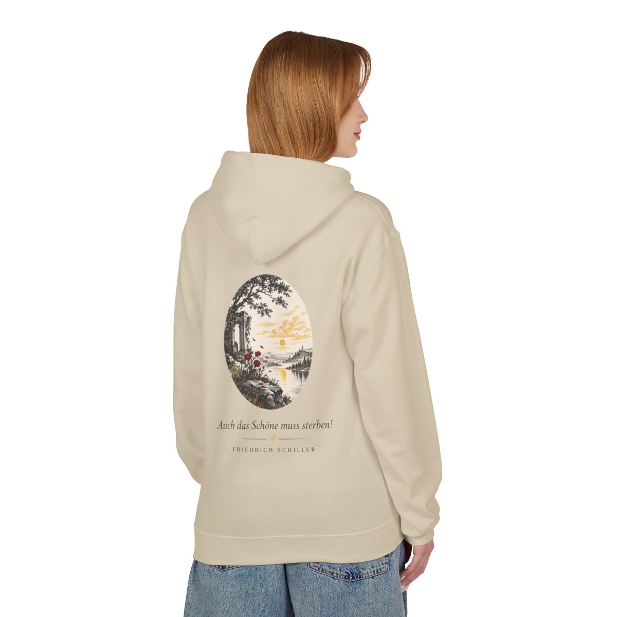 Unisex Fleece Hoodie mit Zitat - Schiller - Auch das Schöne muss sterben – person-1-back
