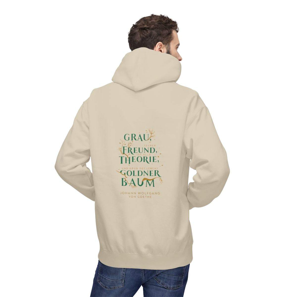 Unisex Fleece Hoodie mit Zitat - Goethe - Goldner Baum – person-2-back
