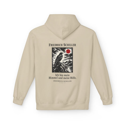 Unisex Fleece Hoodie mit Zitat - Schiller - Ich bin mein Himmel und meine Hölle Holzschnitt – back