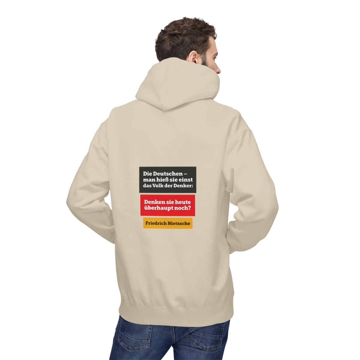 Unisex Fleece Hoodie mit Zitat - Nietzsche - Volk der Denker Balken – person-2-back
