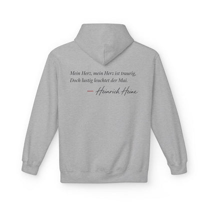 Unisex Fleece Hoodie mit Zitat - Heine - Mein Herz, mein Herz ist traurig Signatur – back