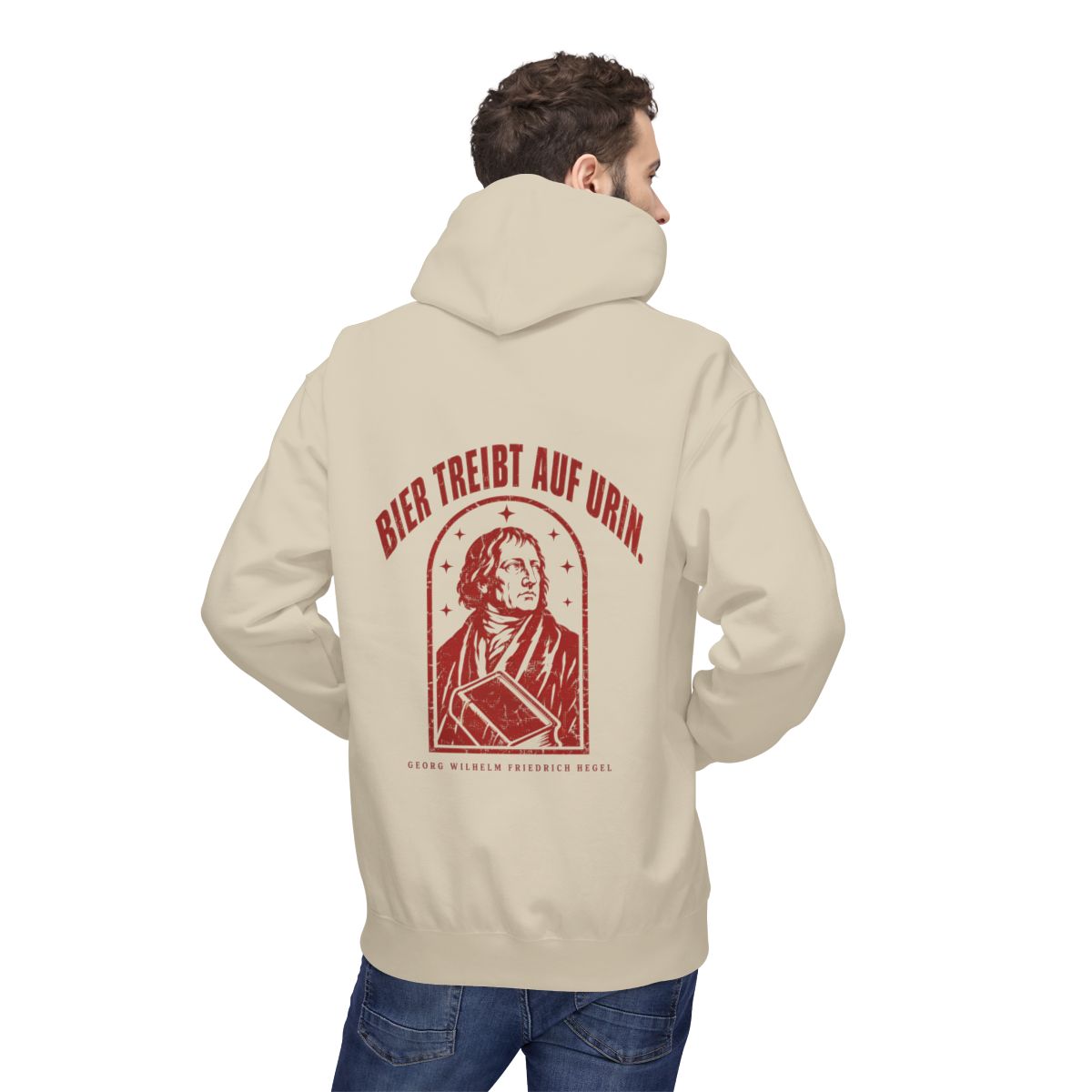 Unisex Fleece Hoodie mit Zitat - Hegel - Bier treibt auf Urin Vintage – person-2-back