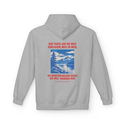 Unisex Fleece Hoodie mit Zitat - Rückert - Der Teufel hat die Welt Plakat – back
