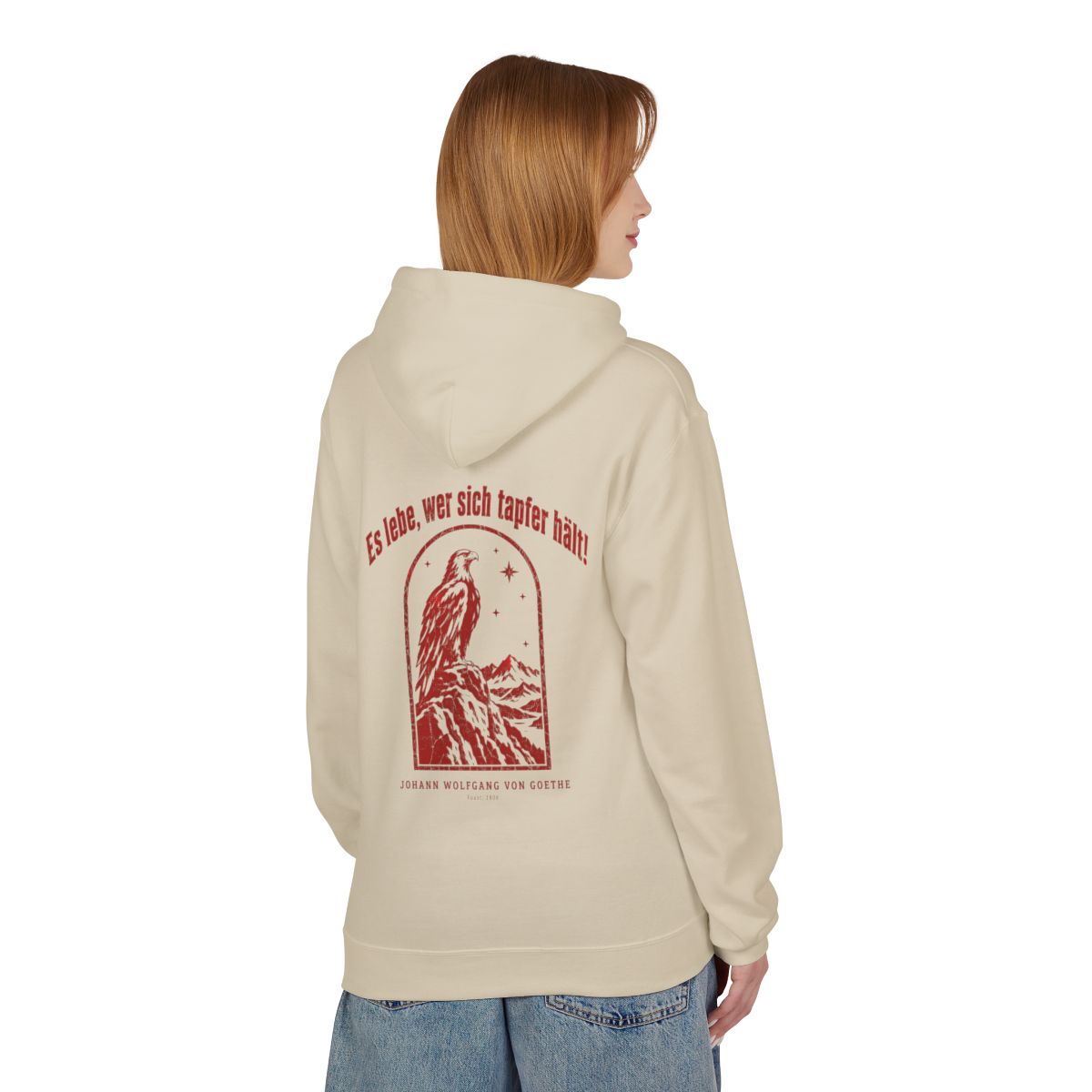 Unisex Fleece Hoodie mit Zitat - Goethe - Es lebe, wer sich tapfer hält Vintage – person-1-back