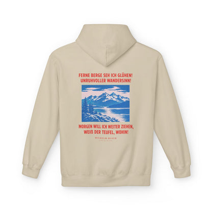 Unisex Fleece Hoodie mit Zitat - Busch - Ferne Berge seh ich glühen – back