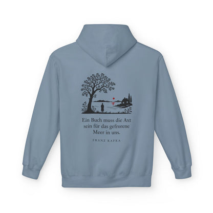 Unisex Fleece Hoodie mit Zitat - Kafka - Ein Buch muss die Axt Scherenschnitt – back