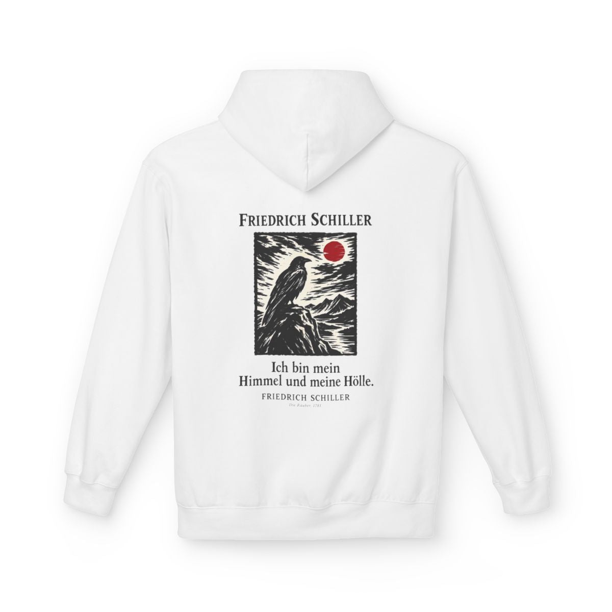 Unisex Fleece Hoodie mit Zitat - Schiller - Ich bin mein Himmel und meine Hölle Holzschnitt – back