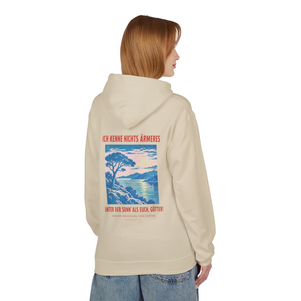 Unisex Fleece Hoodie mit Zitat - Goethe - Ich kenne nichts Ärmeres – person-1-back