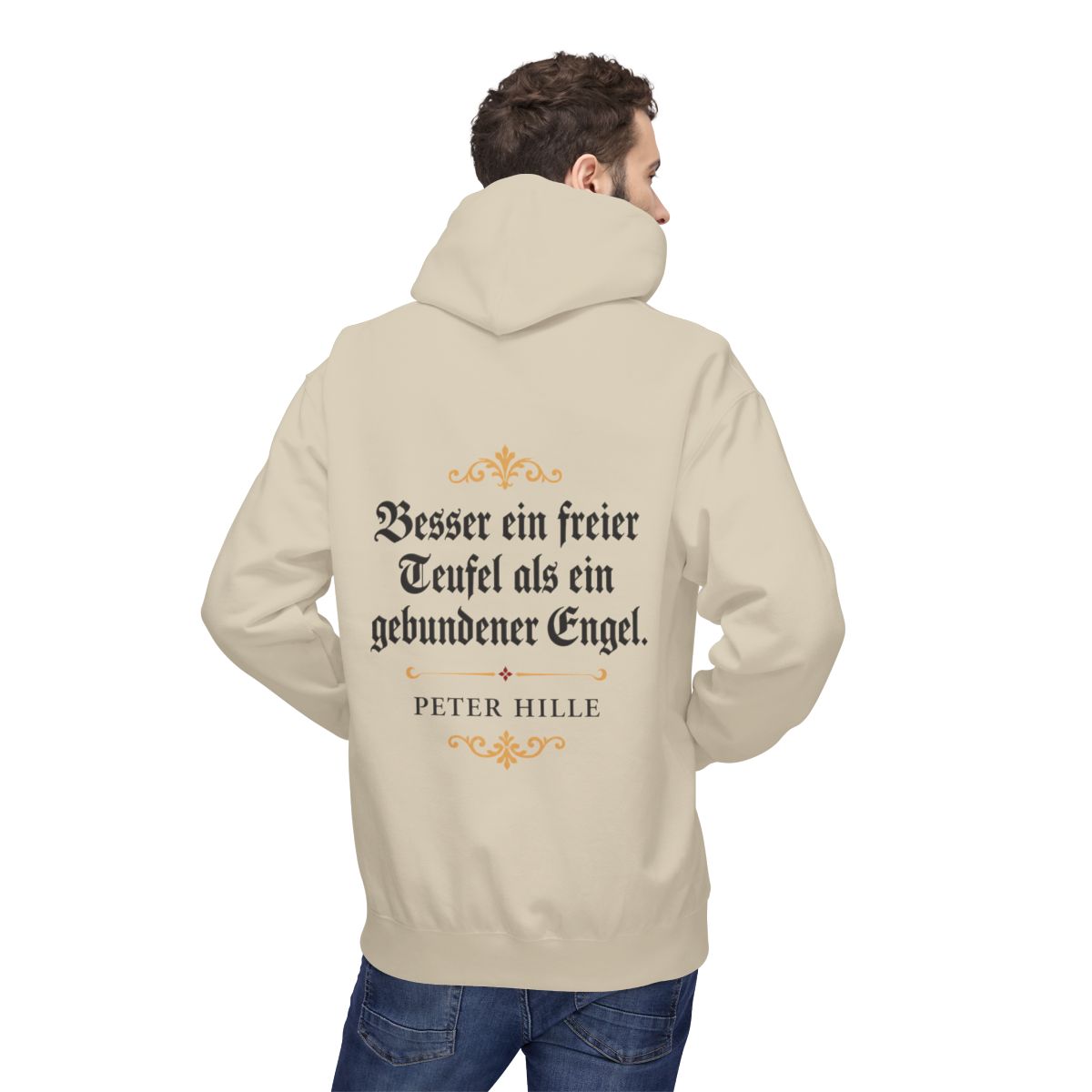Unisex Fleece Hoodie mit Zitat - Hille - Besser ein freier Teufel Fraktur – person-2-back