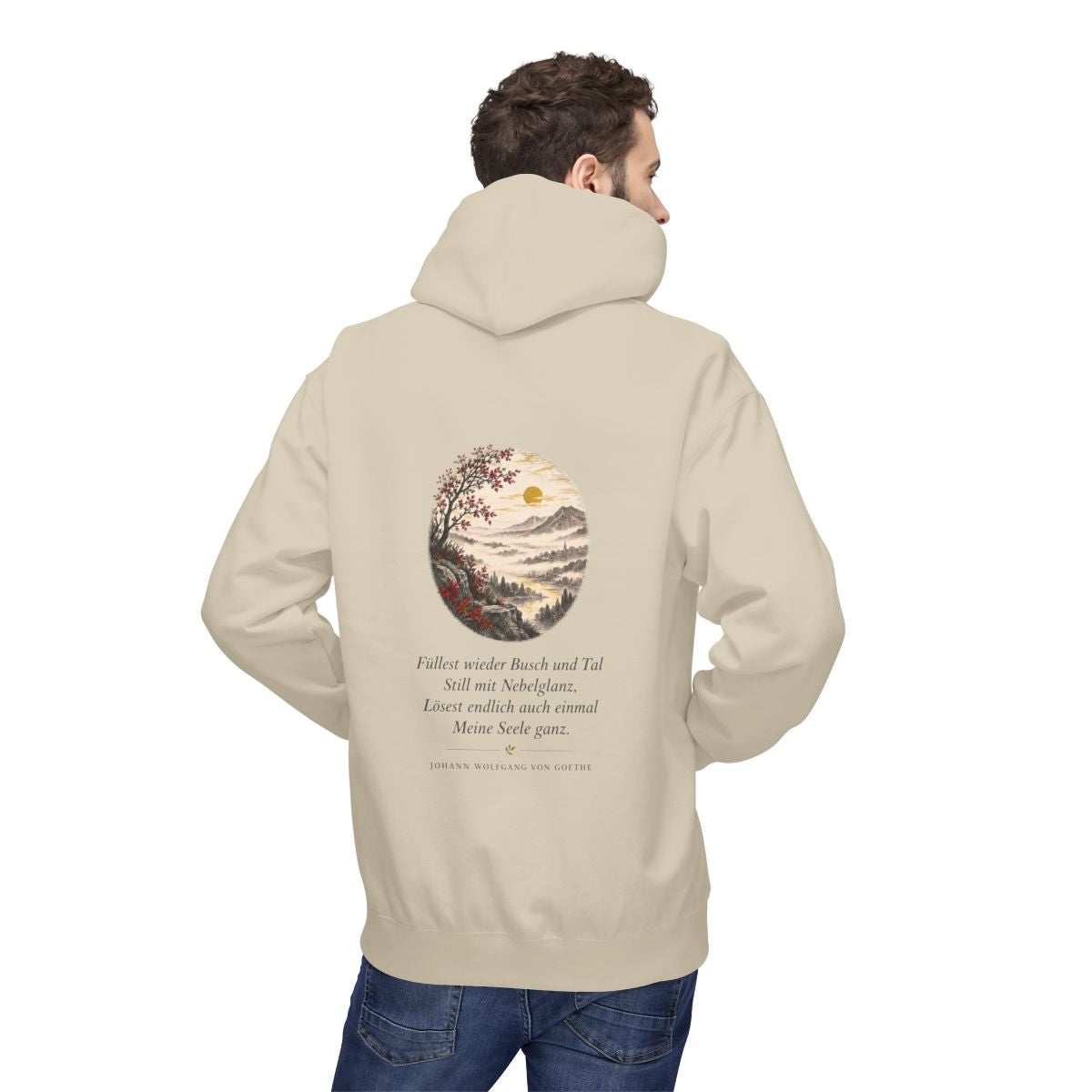 Unisex Fleece Hoodie mit Zitat - Goethe - Füllest wieder Busch und Tal – person-2-back