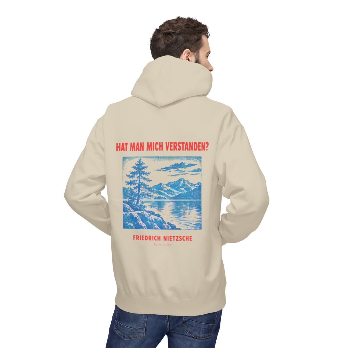 Unisex Fleece Hoodie mit Zitat - Nietzsche - Hat man mich verstanden Plakat – person-2-back