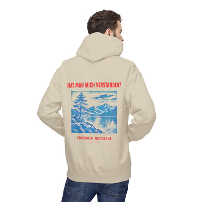 Unisex Fleece Hoodie mit Zitat - Nietzsche - Hat man mich verstanden Plakat – person-2-back