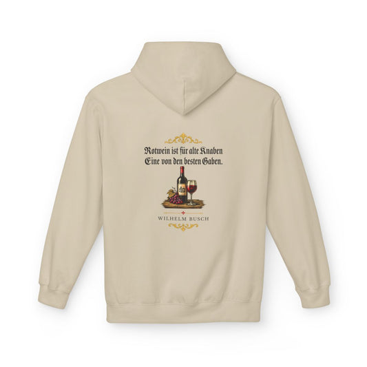 Unisex Fleece Hoodie mit Zitat - Busch - Rotwein für alte Knaben Fraktur – back