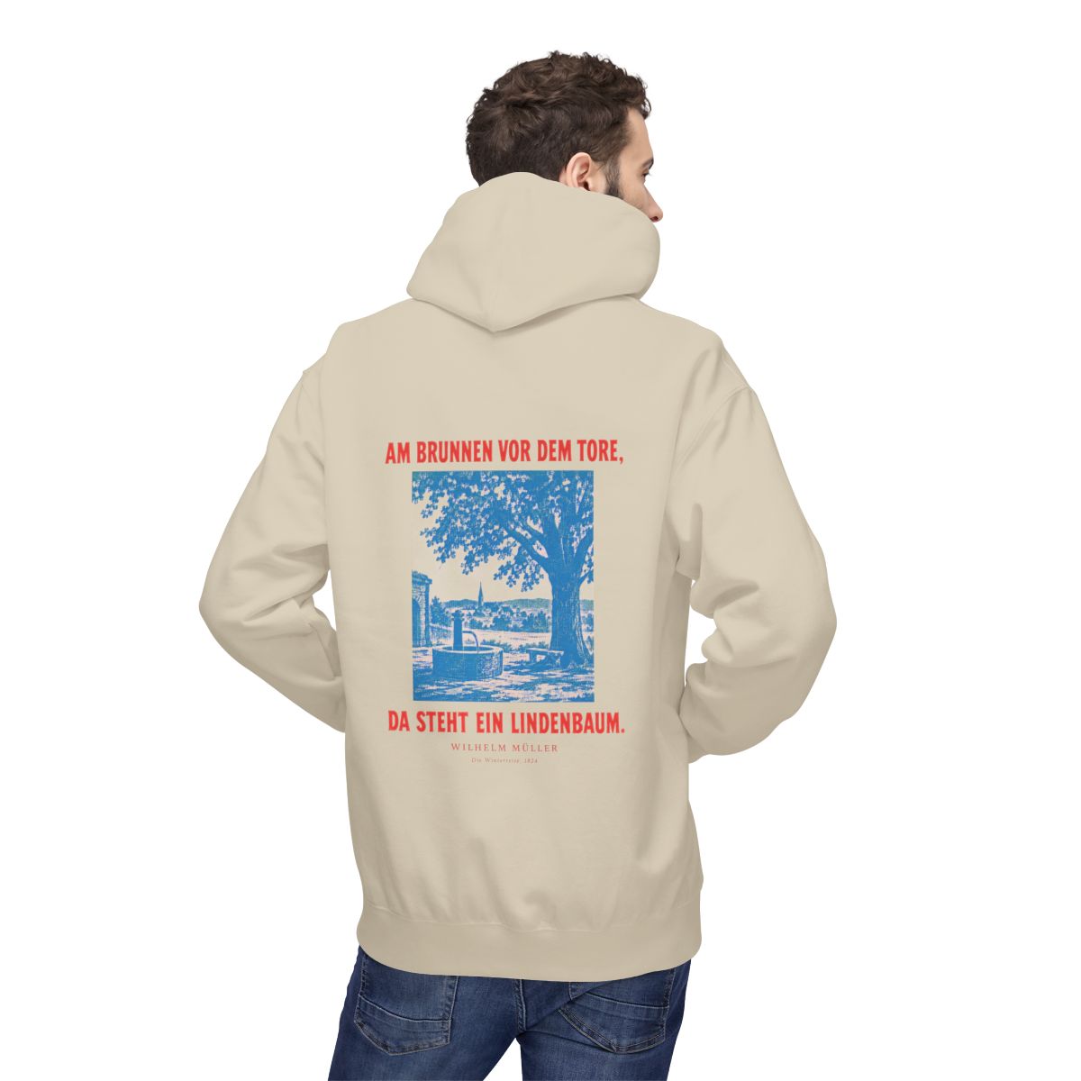 Unisex Fleece Hoodie mit Zitat - Müller - Am Brunnen vor dem Tore Plakat – person-2-back