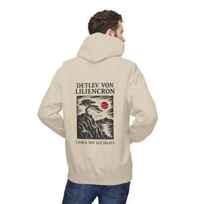 Unisex Fleece Hoodie mit Zitat - Liliencron - Lieber tot als Sklave Holzschnitt – person-2-back