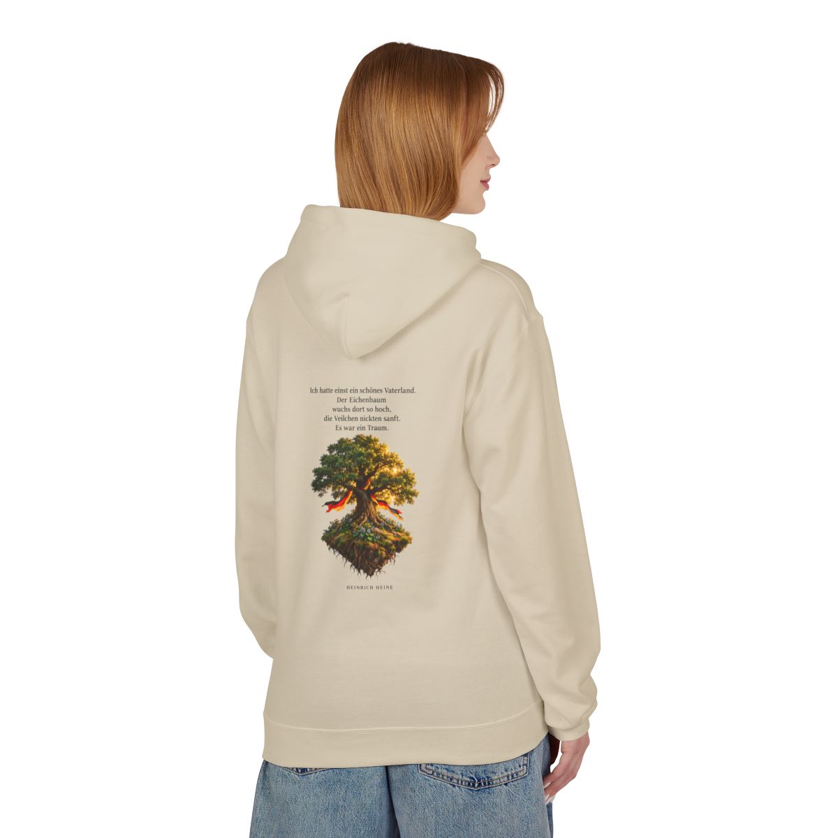 Unisex Fleece Hoodie mit Zitat - Heine - Schönes Vaterland Eiche – person-1-back