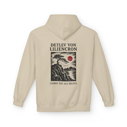 Unisex Fleece Hoodie mit Zitat - Liliencron - Lieber tot als Sklave Holzschnitt – back