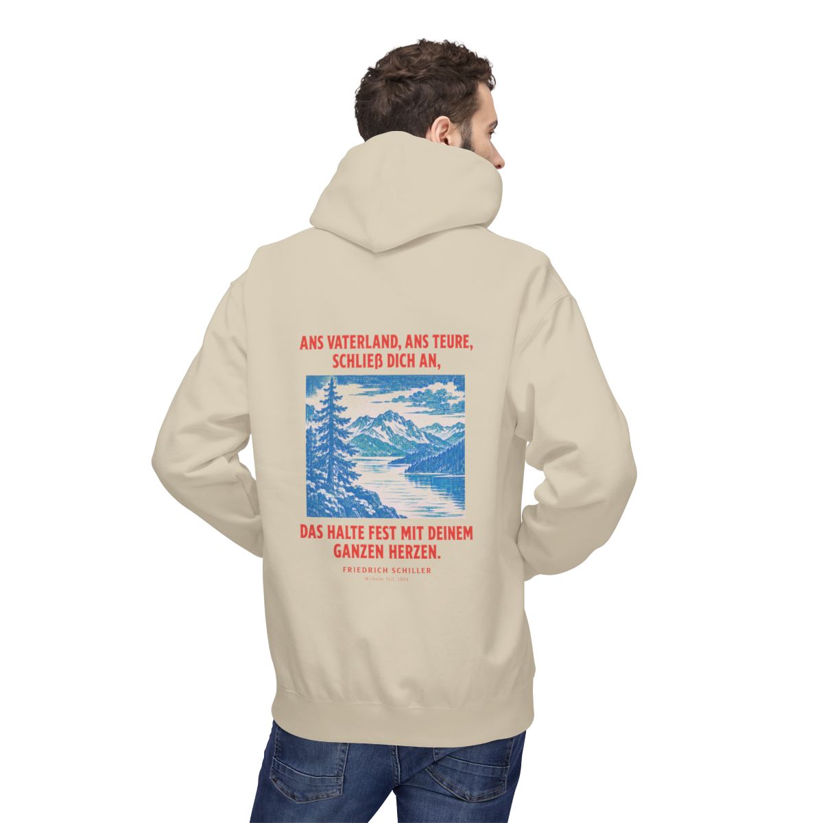 Unisex Fleece Hoodie mit Zitat - Schiller - Ans Vaterland, ans teure, schließ dich an – person-2-back